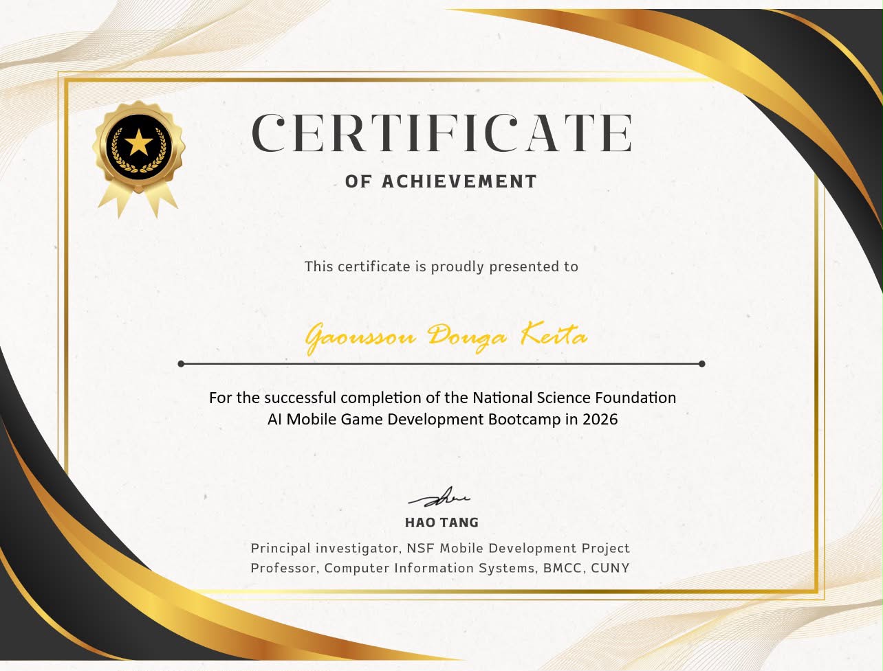 Certificate awarded to Gaoussou Douga Keita